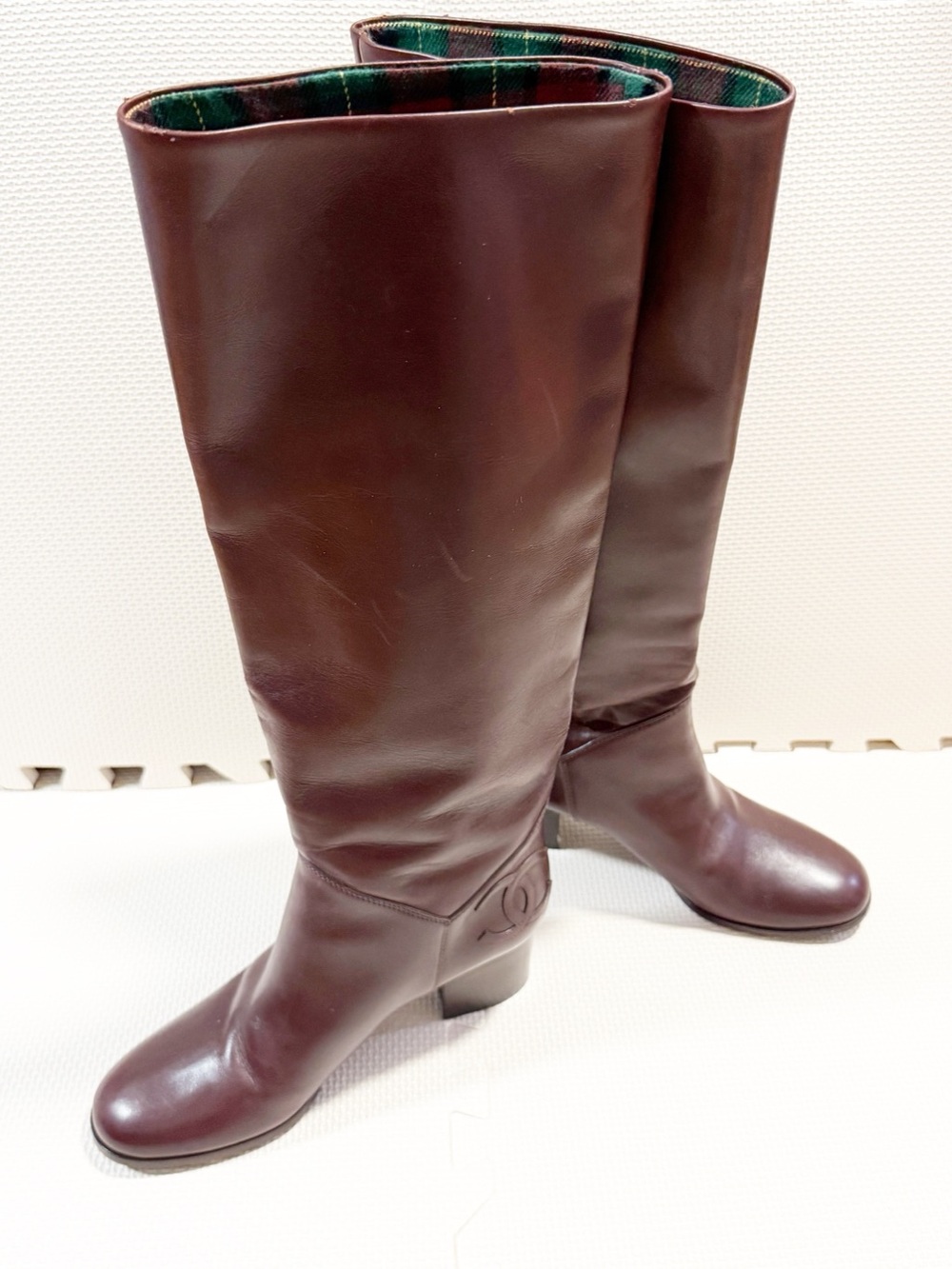 Chanel Brown Leather Knee High Riding Boots CC Logo Tartan Plaid EU 38